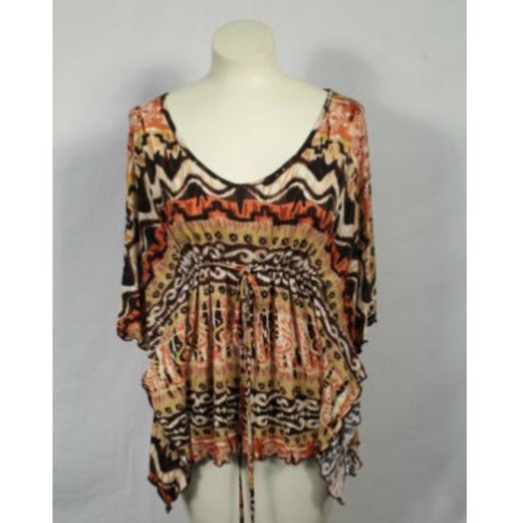 Loveappella Tops - Loveappella Brown Orange Batwing Boho Top Sz S